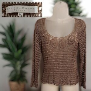 Vintage Y2K Bette Paige Petite PL Brown Sheer Crochet Blouse Fairy Cottagecore